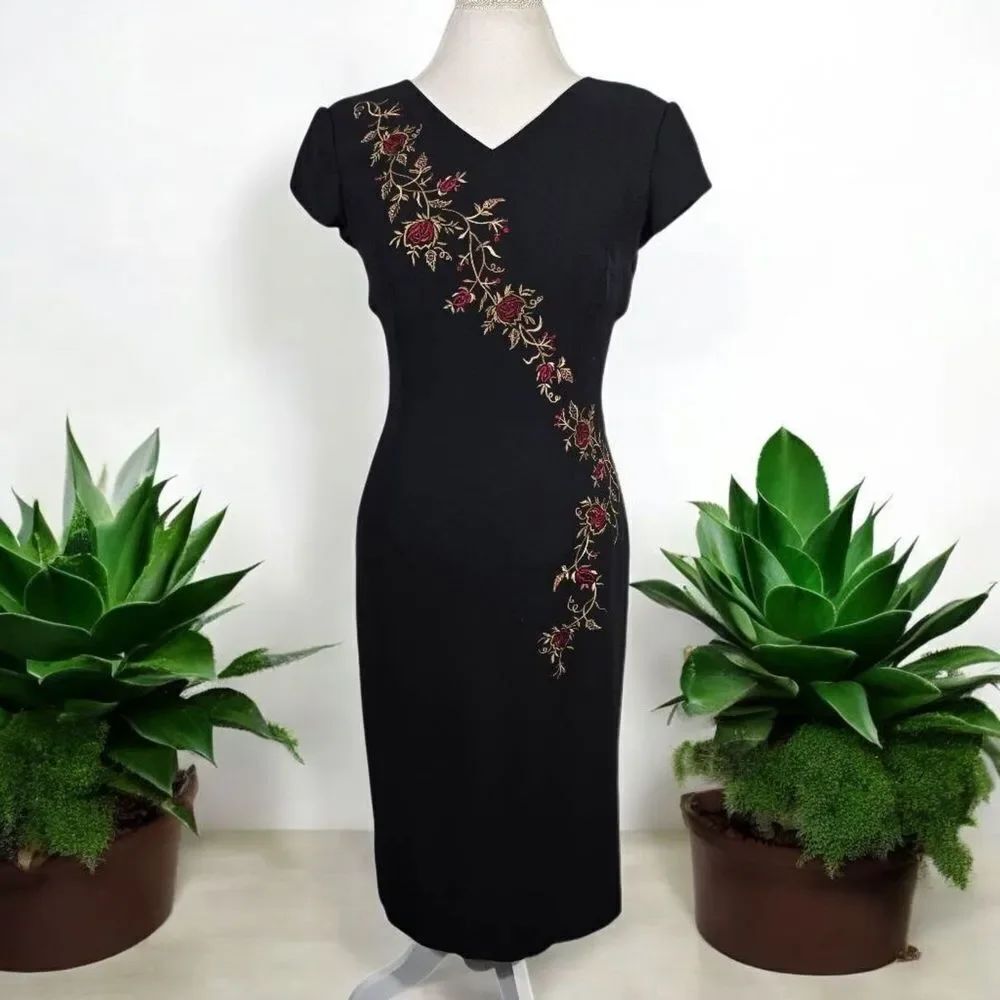 Maggy London Black Midi Dress with Red Rose Embroidery